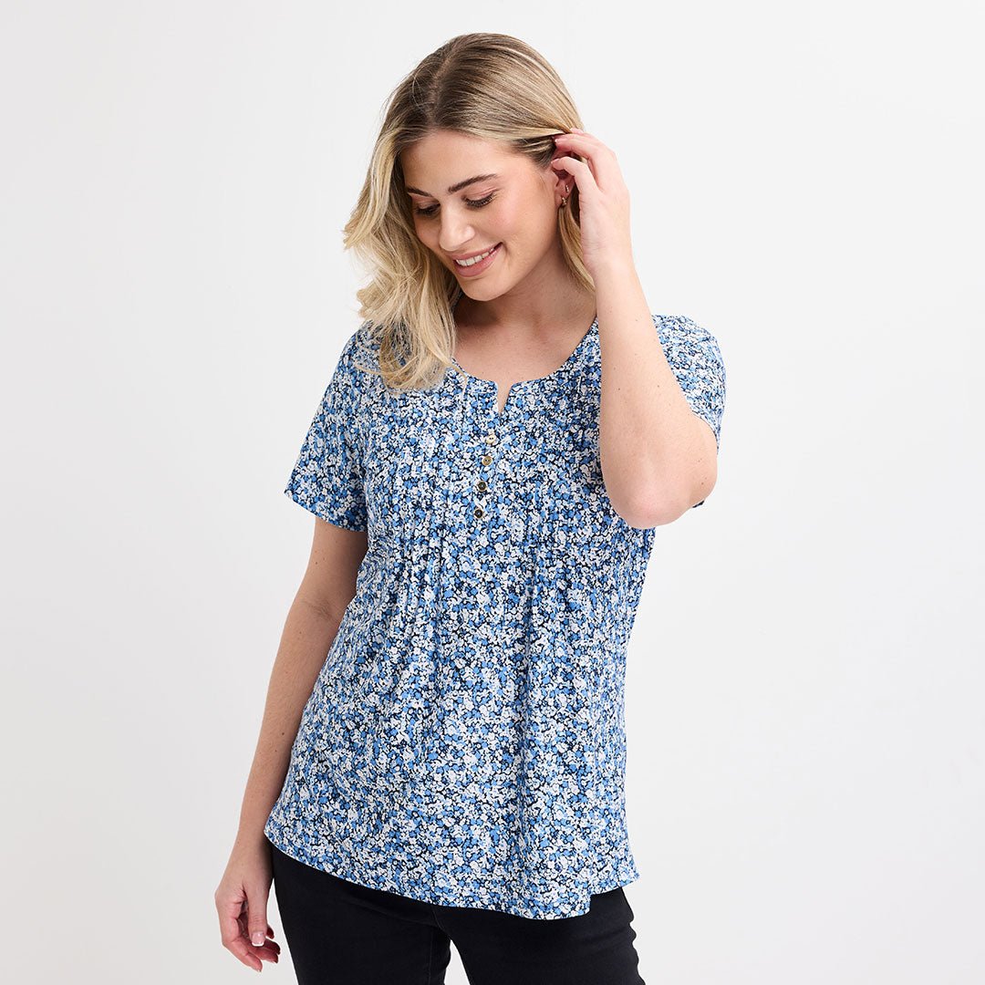 Ladies Blue Pleat Front Button Top from You Know Who's