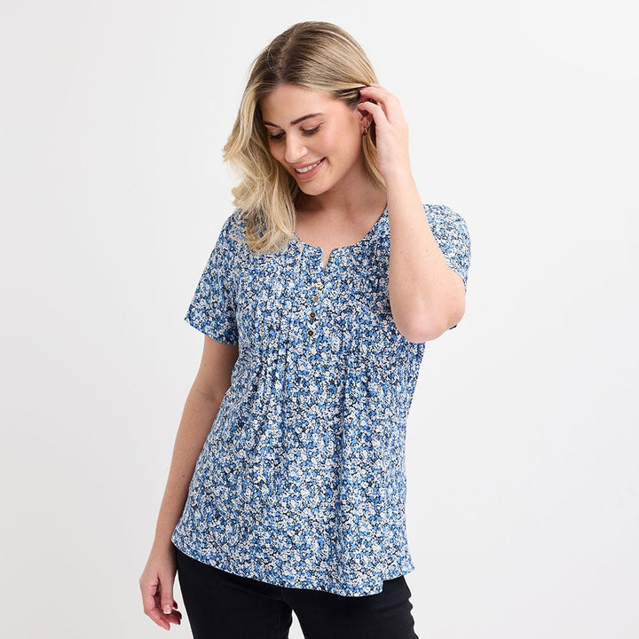 Ladies Blue Pleat Front Button Top from You Know Who's