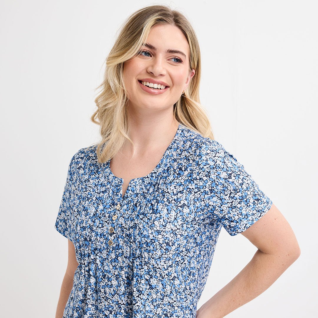 Ladies Blue Pleat Front Button Top from You Know Who's