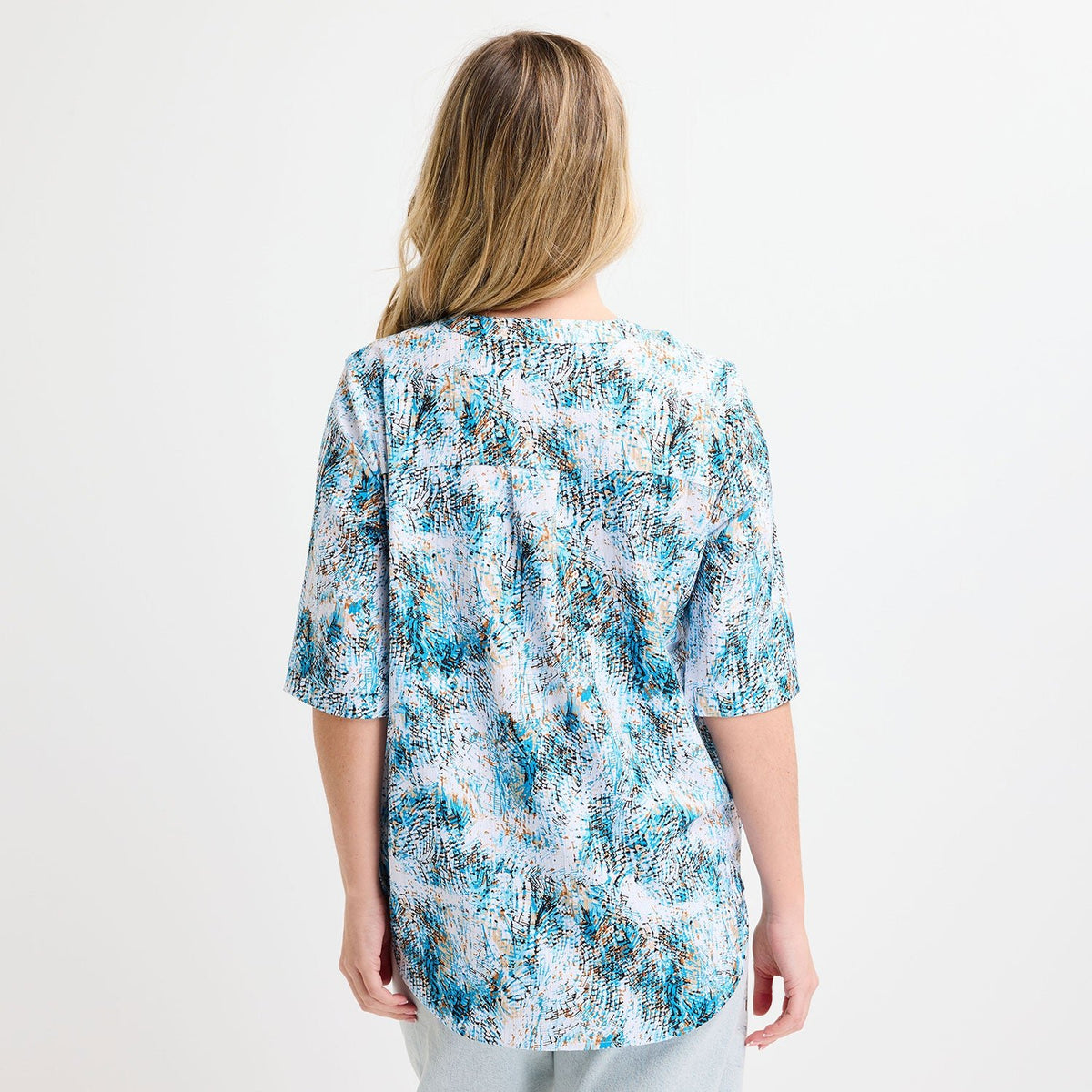 Ladies Blue Printed V - neck Buttoned Blouse from You Know Who's