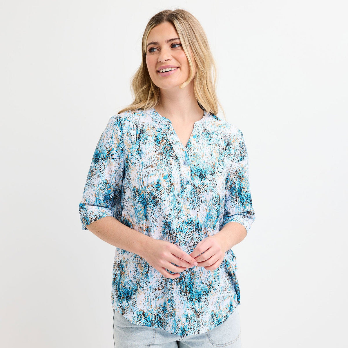 Ladies Blue Printed V - neck Buttoned Blouse from You Know Who's