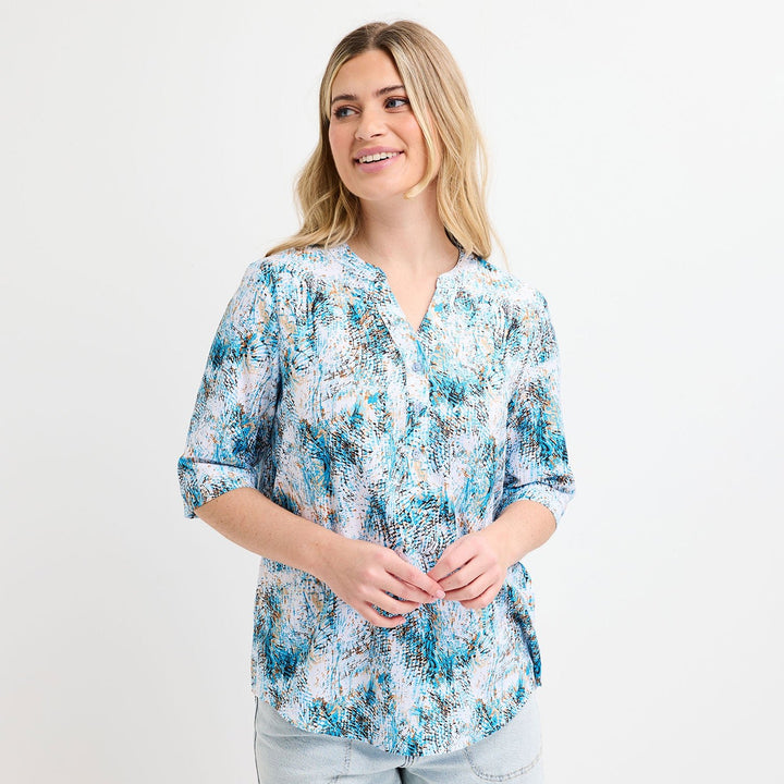 Ladies Blue Printed V - neck Buttoned Blouse from You Know Who's