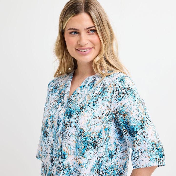 Ladies Blue Printed V - neck Buttoned Blouse from You Know Who's