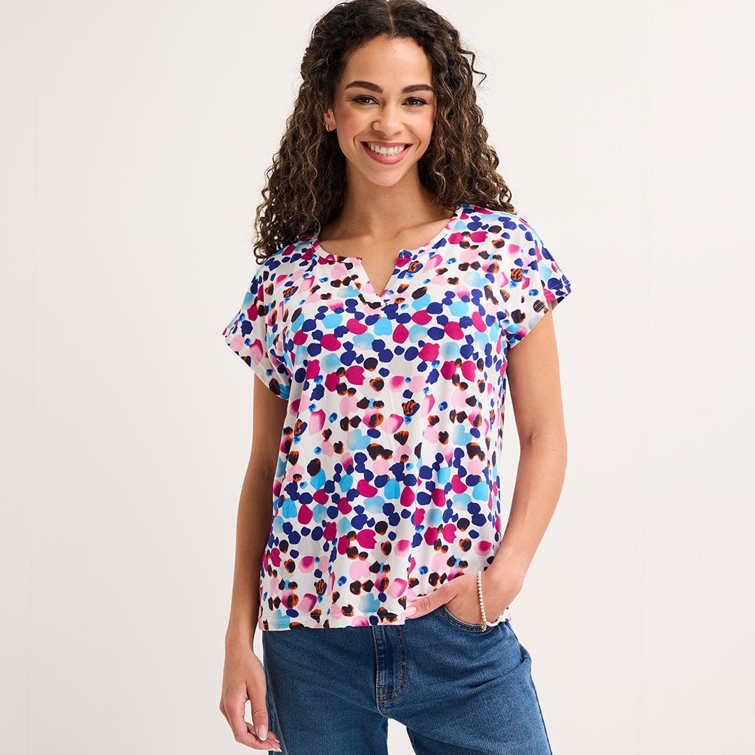 Ladies Blue Spot Notch Neck Top from You Know Who's