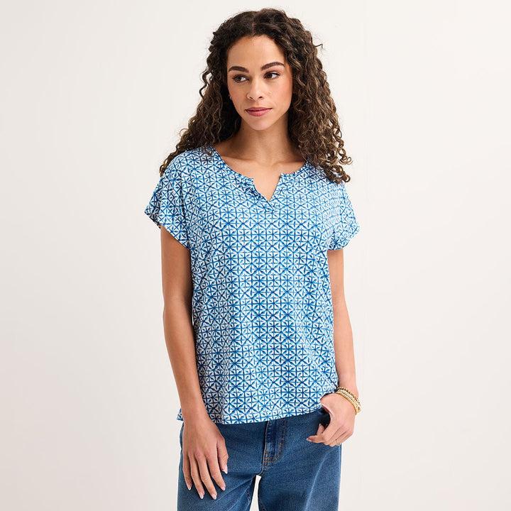 Ladies Blue Tile Notch Neck Top from You Know Who's
