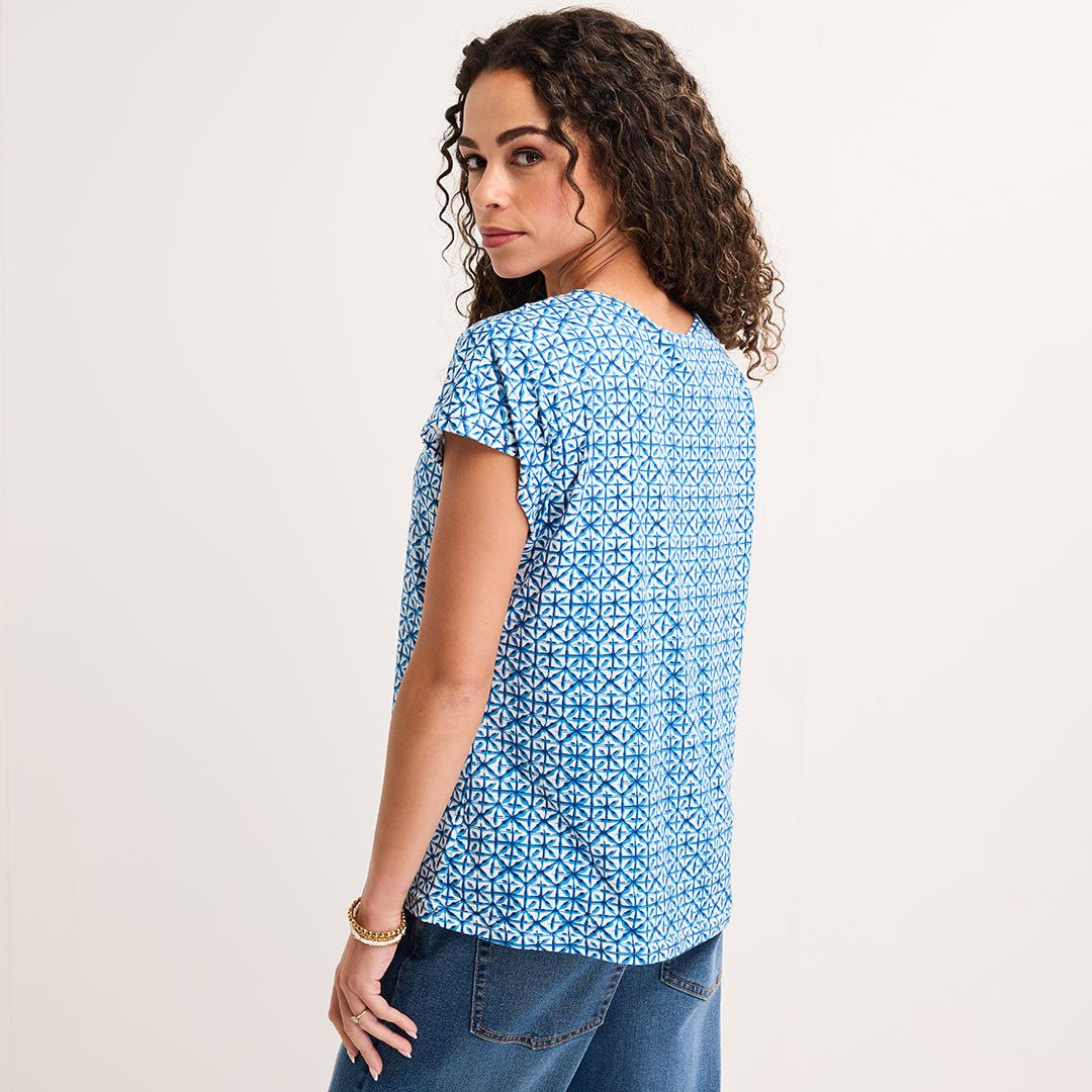Ladies Blue Tile Notch Neck Top from You Know Who's