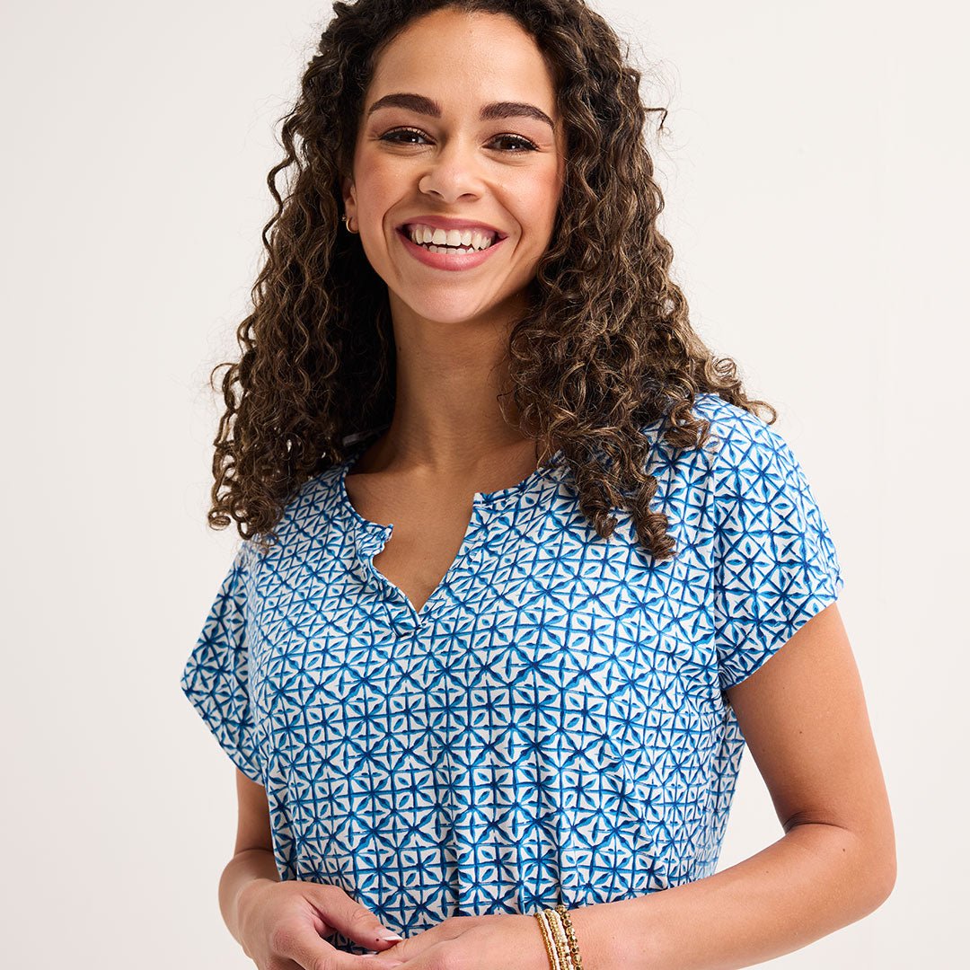 Ladies Blue Tile Notch Neck Top from You Know Who's