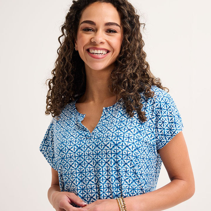 Ladies Blue Tile Notch Neck Top from You Know Who's
