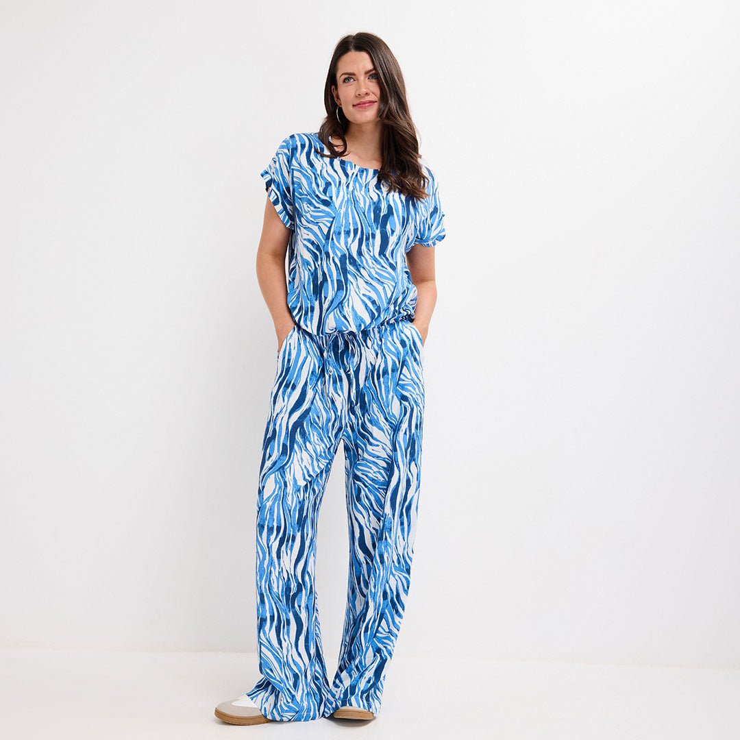 Ladies Blue Zebra Wide Leg Trouser from You Know Who's