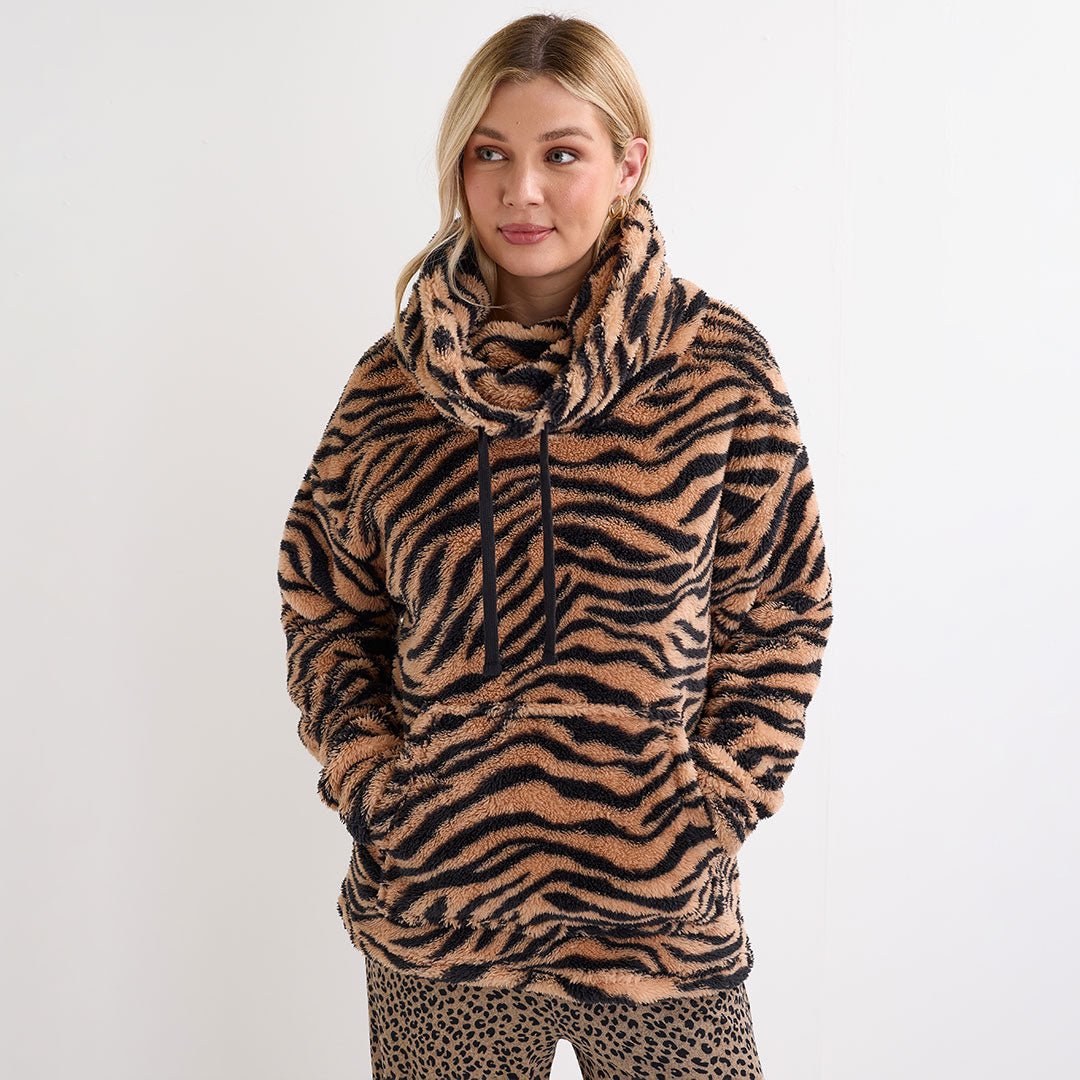 Ladies Brown Animal Cowl Neck Fleece Top from You Know Who's