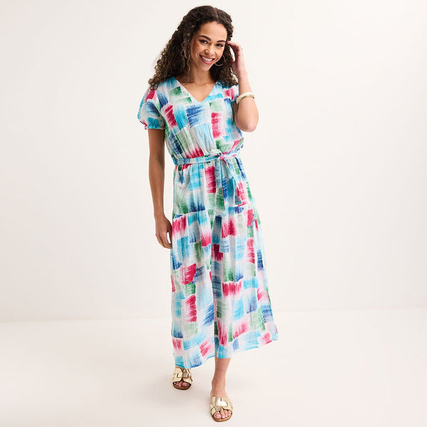 Ladies Brush Stroke V Neck Tie Waist Maxi Dress from You Know Who's