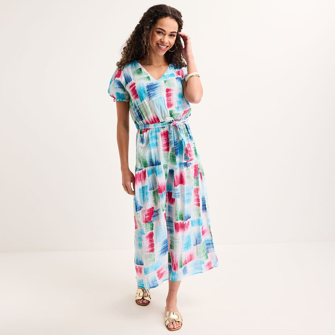 Ladies Brush Stroke V Neck Tie Waist Maxi Dress from You Know Who's