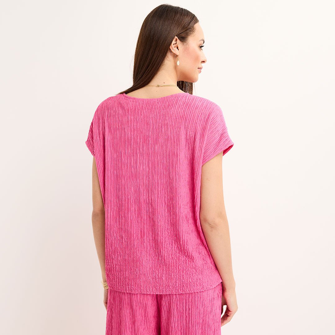 Ladies Cerise V Neck Button Plisse Top from You Know Who's