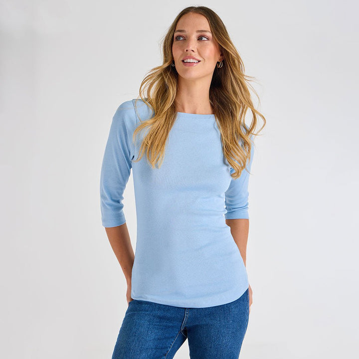 Ladies Chambray Blue 3/4 Sleeve Slash Neck Top from You Know Who's