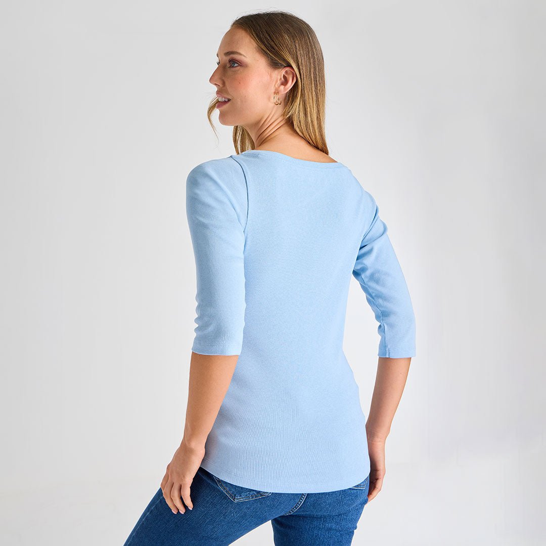 Ladies Chambray Blue 3/4 Sleeve Slash Neck Top from You Know Who's