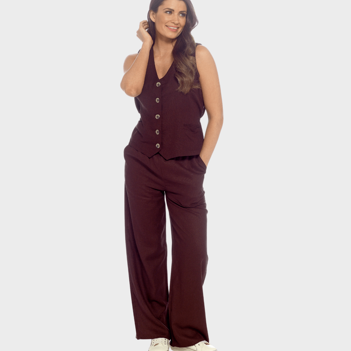 Ladies Chocolate Linen Blend Wide Leg Trouser from You Know Who's
