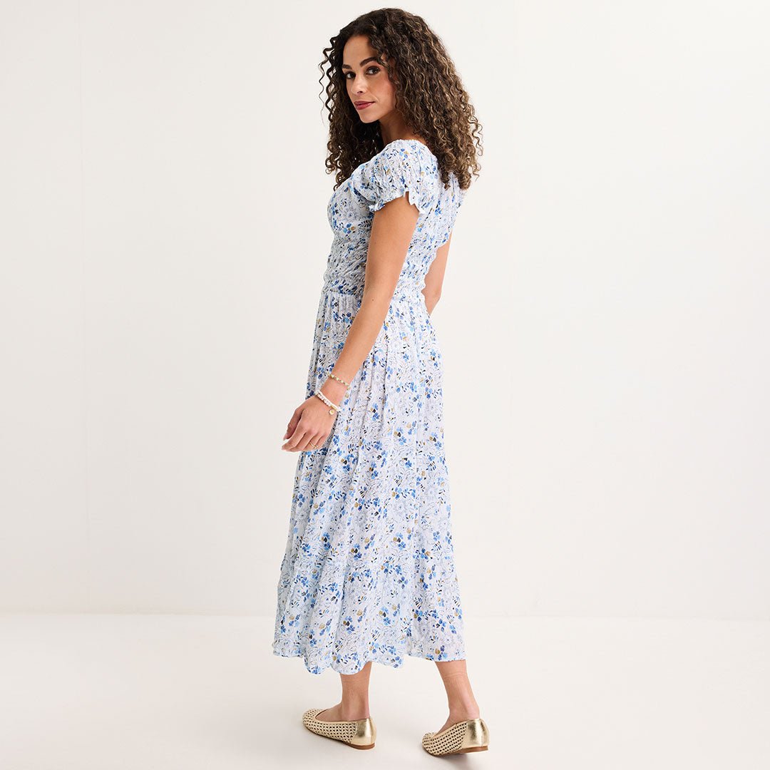 Ladies Cobalt Vintage Floral Bardot Print Midi Dress from You Know Who's