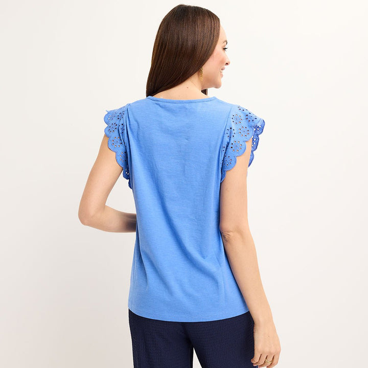 Ladies Cornflower Frill Sleeve Cotton Slub Tee from You Know Who's