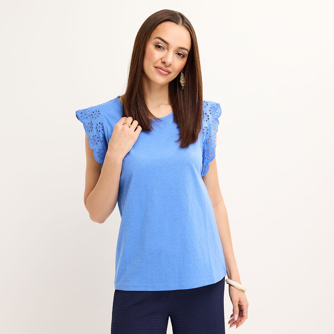 Ladies Cornflower Frill Sleeve Cotton Slub Tee from You Know Who's