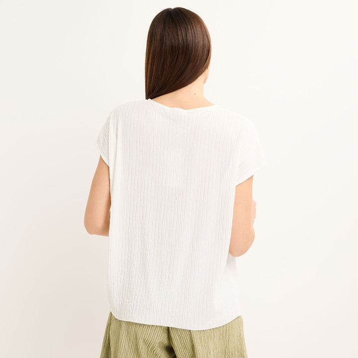 Ladies Cream V Neck Button Plisse Top from You Know Who's