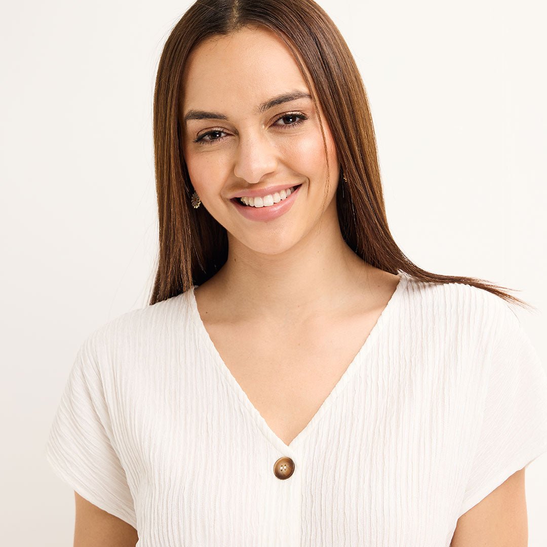 Ladies Cream V Neck Button Plisse Top from You Know Who's