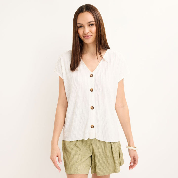 Ladies Cream V Neck Button Plisse Top from You Know Who's