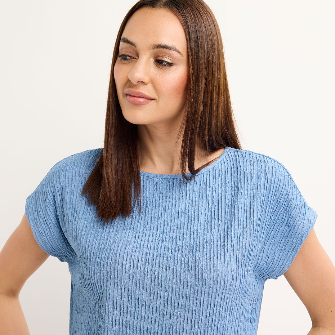 Ladies Denim Sleeveless Plisse Top from You Know Who's