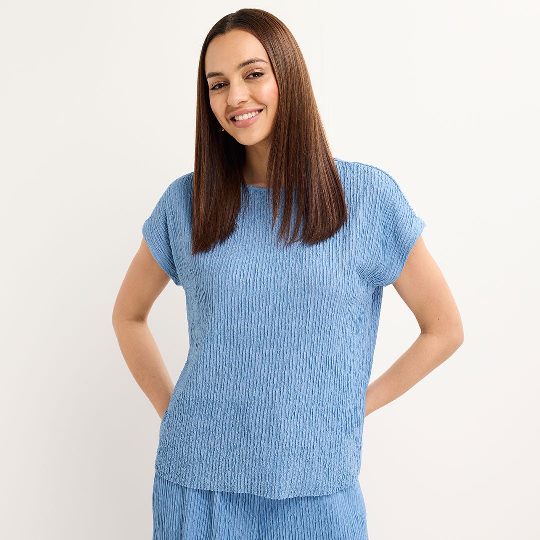 Ladies Denim Sleeveless Plisse Top from You Know Who's