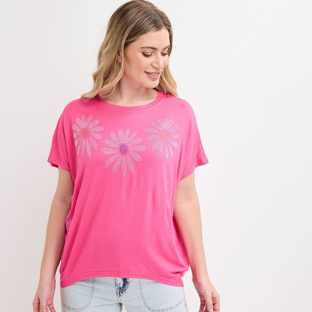 Ladies Fuchsia Daisy Diamonte Top from You Know Who's