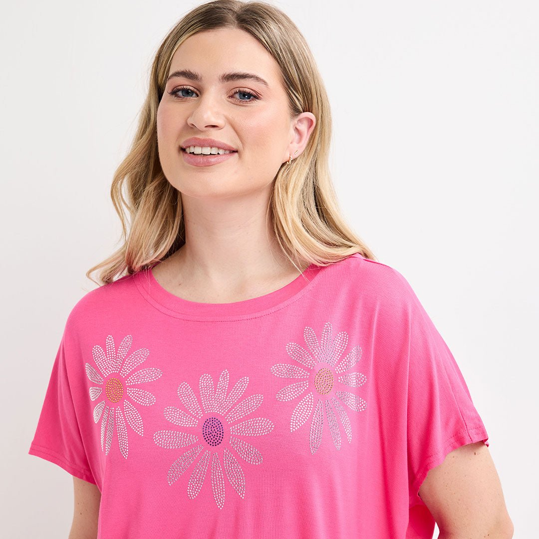 Ladies Fuchsia Daisy Diamonte Top from You Know Who's