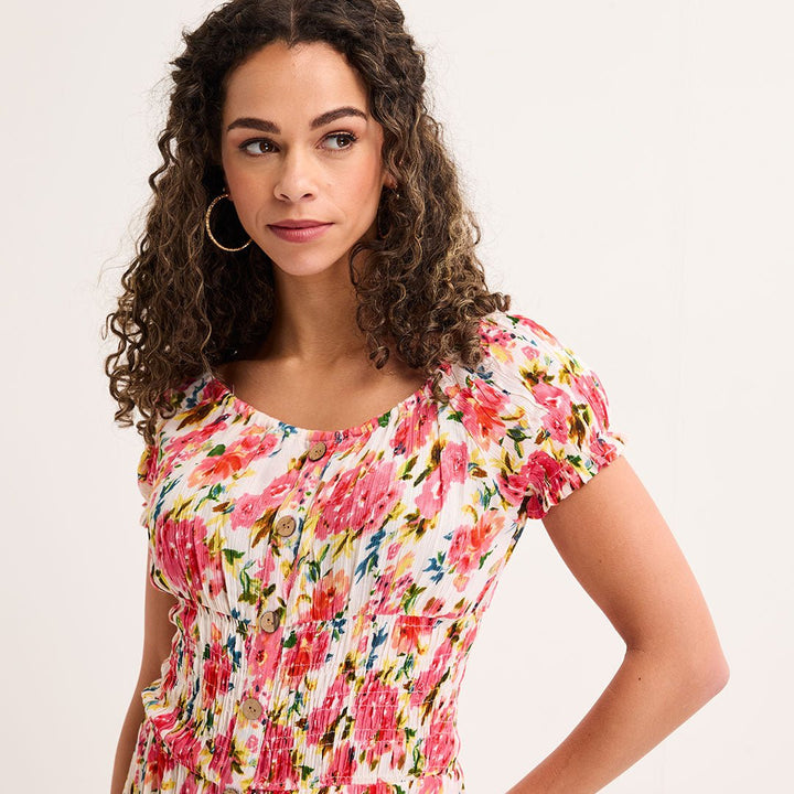 Ladies Fuchsia Floral Bardot Print Midi Dress from You Know Who's
