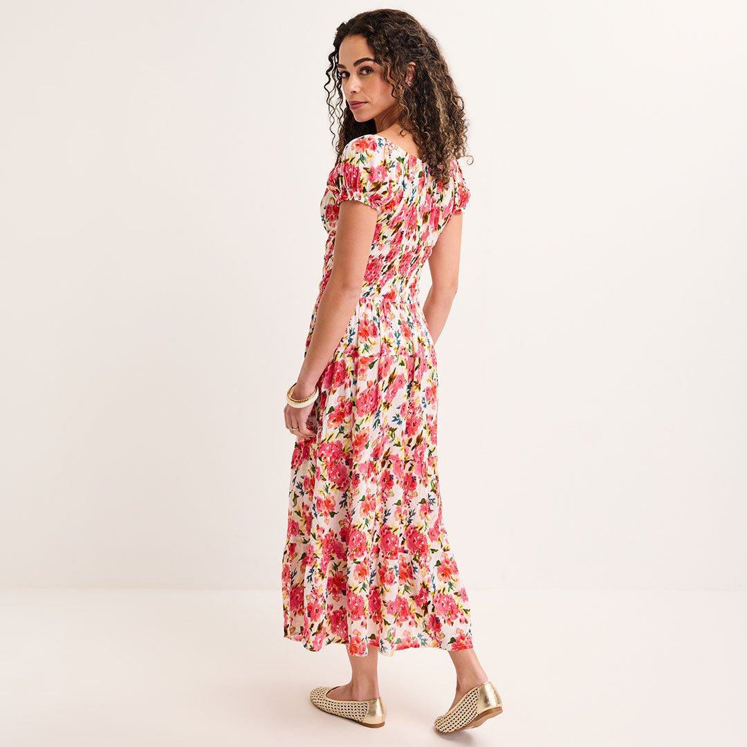 Ladies Fuchsia Floral Bardot Print Midi Dress from You Know Who's