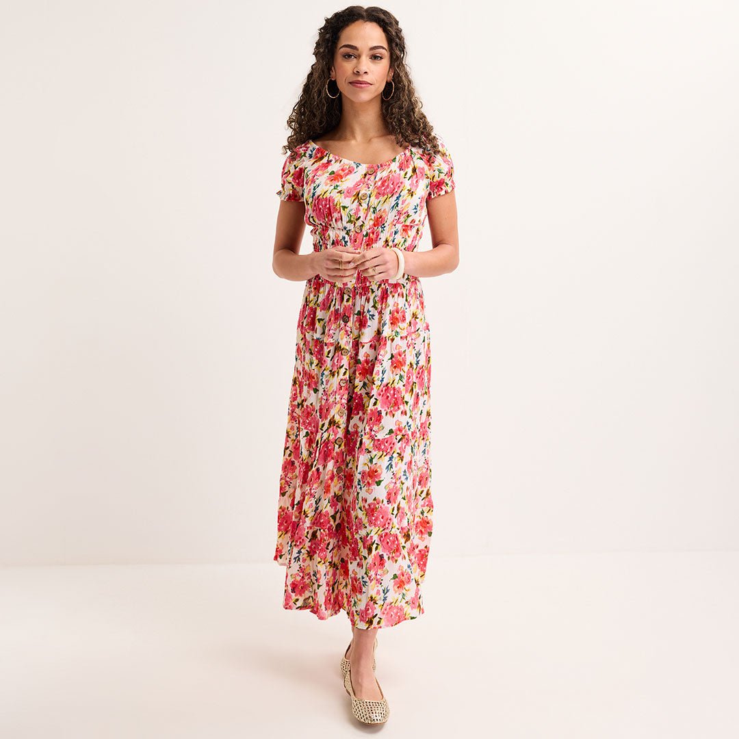 Ladies Fuchsia Floral Bardot Print Midi Dress from You Know Who's