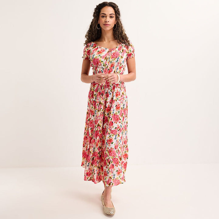 Ladies Fuchsia Floral Bardot Print Midi Dress from You Know Who's