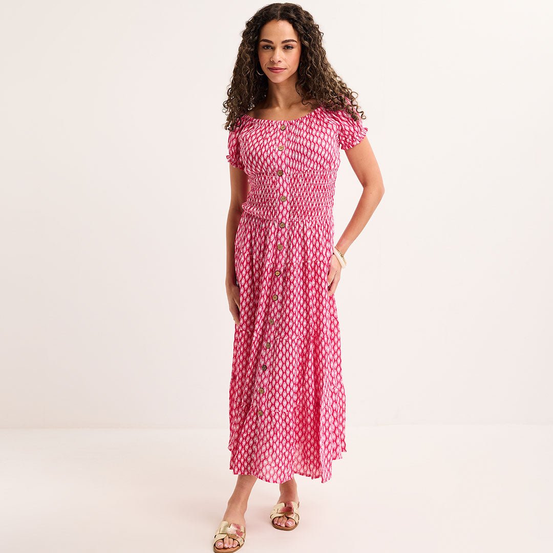 Ladies Fuchsia Ikat Bardot Print Midi Dress from You Know Who's
