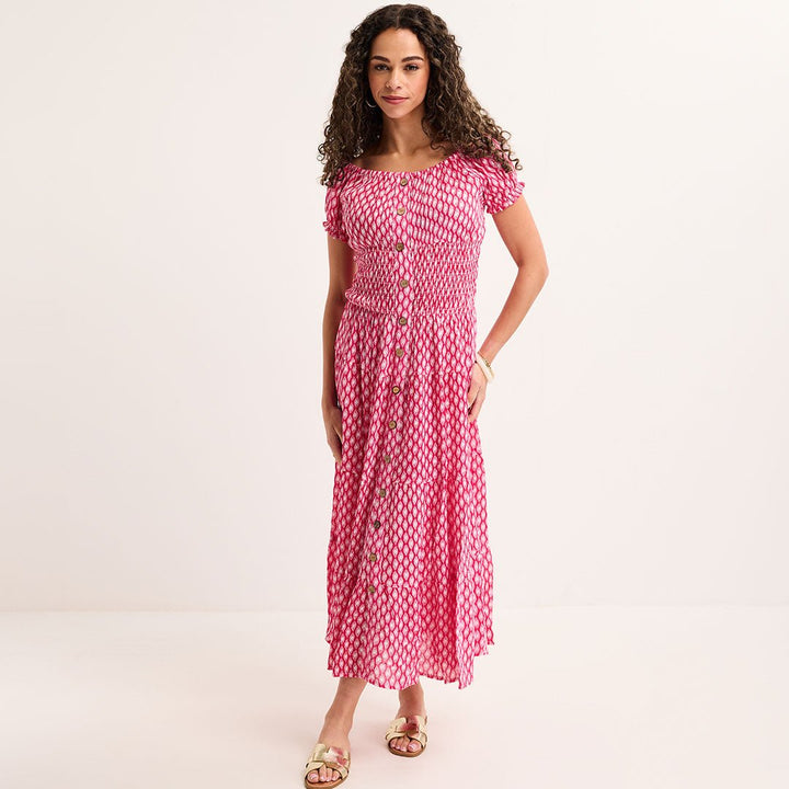 Ladies Fuchsia Ikat Bardot Print Midi Dress from You Know Who's