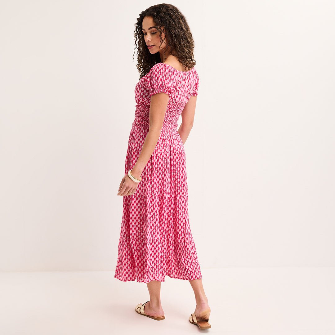 Ladies Fuchsia Ikat Bardot Print Midi Dress from You Know Who's