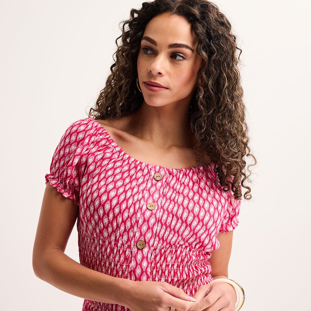 Ladies Fuchsia Ikat Bardot Print Midi Dress from You Know Who's