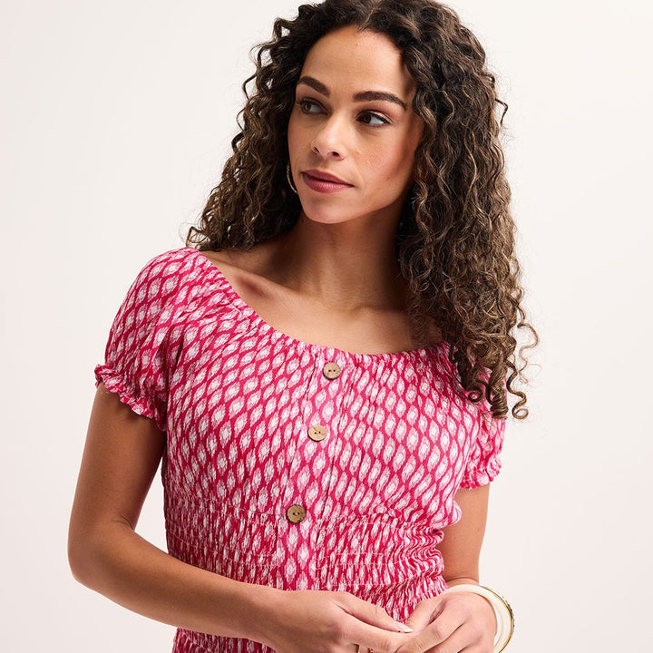 Ladies Fuchsia Ikat Bardot Print Midi Dress from You Know Who's