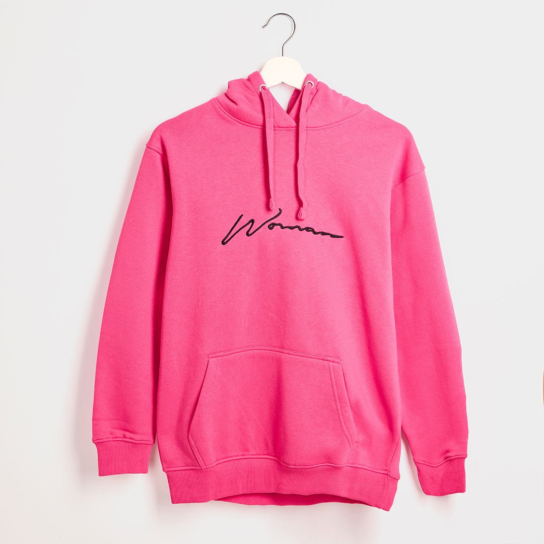 Ladies Fuchsia Woman Slogan Hoodie from You Know Who's