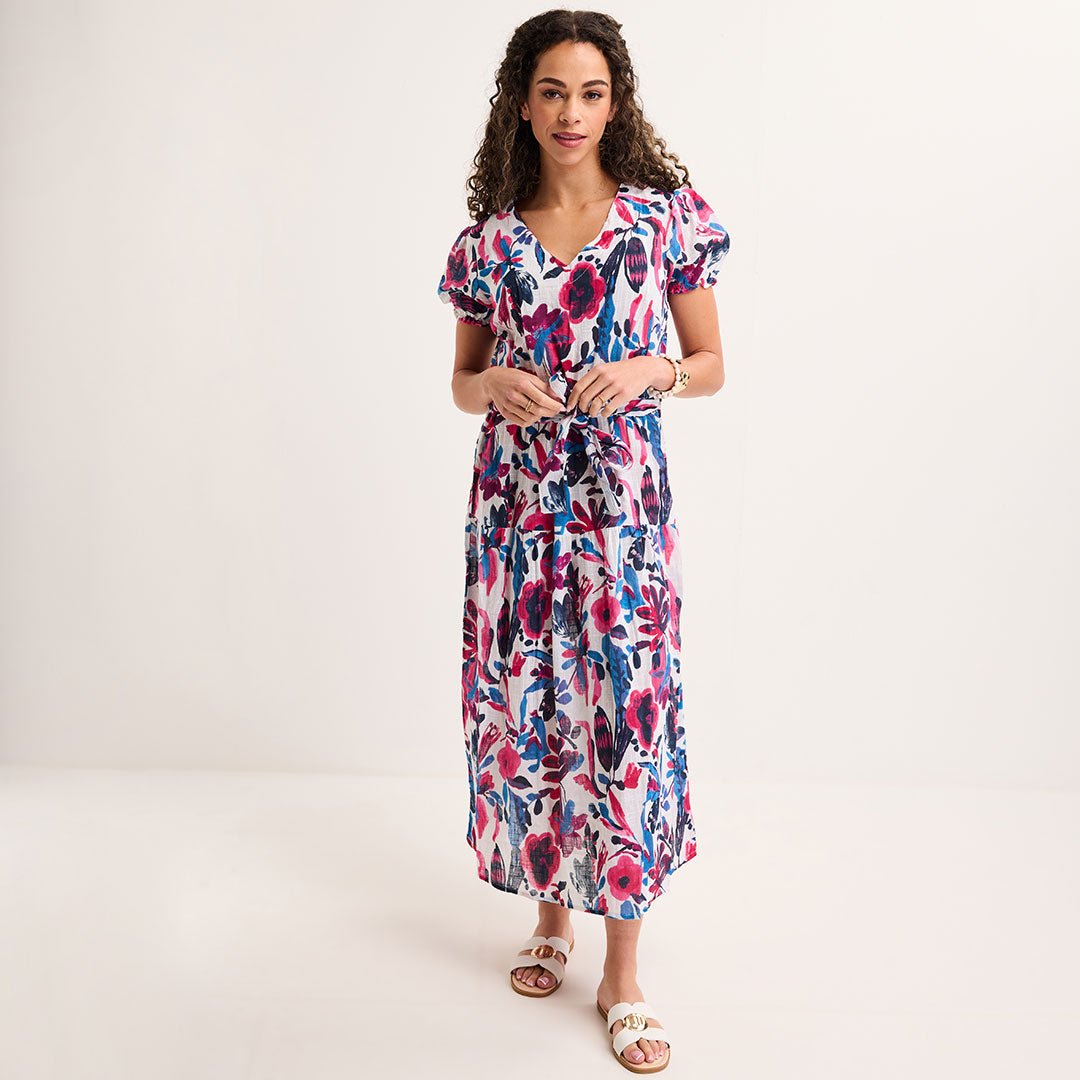 Ladies Fuchsia/Navy Floral V Neck Tie Waist Maxi Dress from You Know Who's