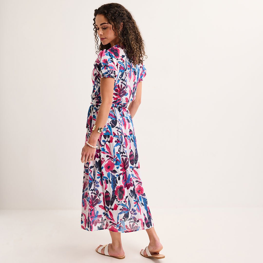 Ladies Fuchsia/Navy Floral V Neck Tie Waist Maxi Dress from You Know Who's
