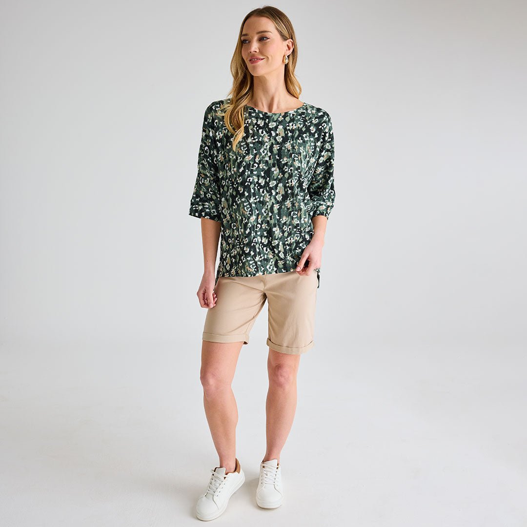 Ladies Green Animal 3/4 Sleeve Bubble Top from You Know Who's