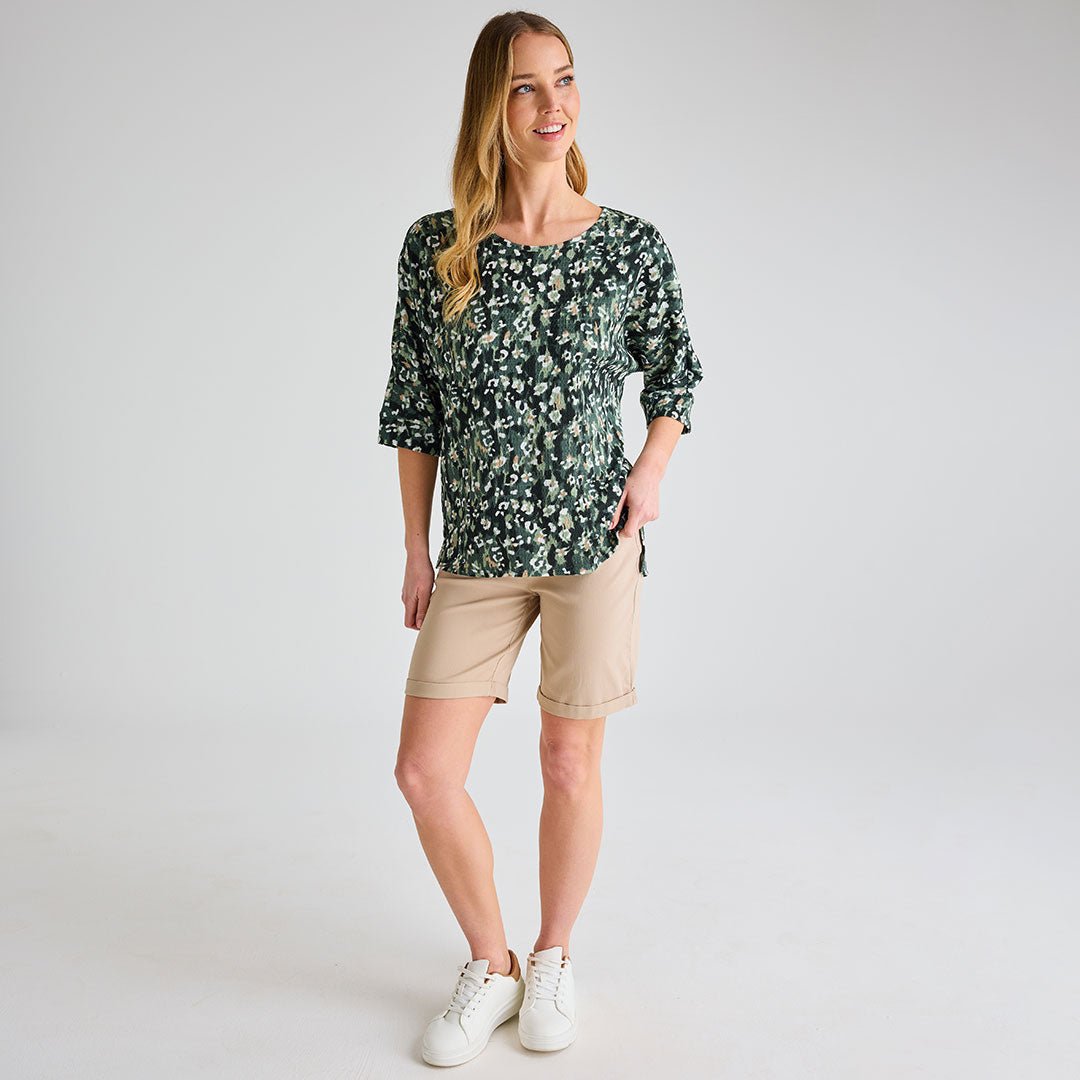 Ladies Green Animal 3/4 Sleeve Bubble Top from You Know Who's