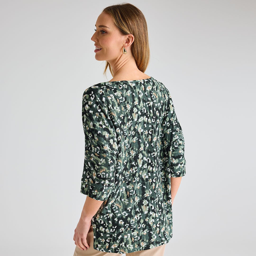 Ladies Green Animal 3/4 Sleeve Bubble Top from You Know Who's