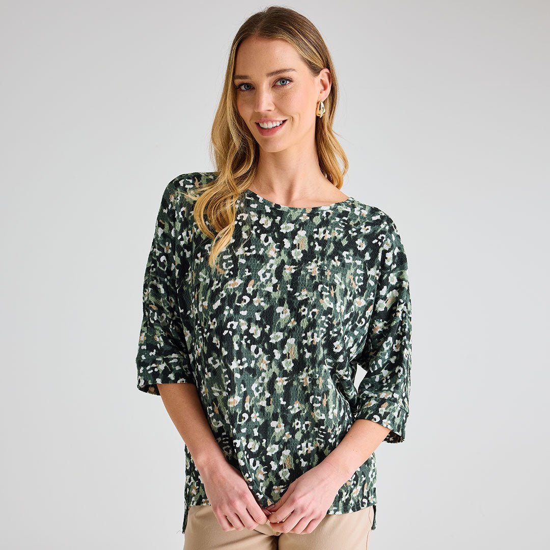 Ladies Green Animal 3/4 Sleeve Bubble Top from You Know Who's