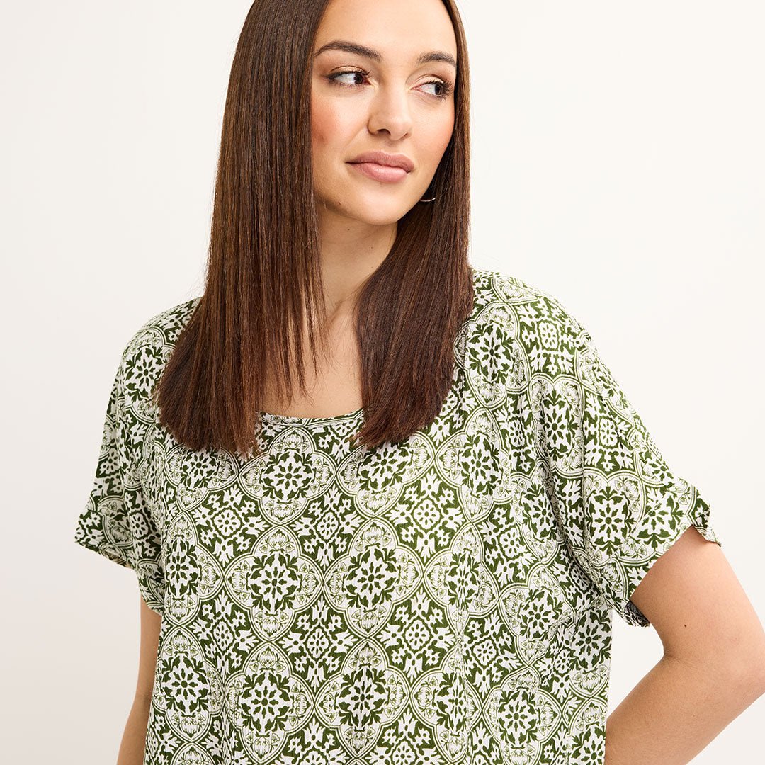Ladies Green Crinkle Tile Print Top from You Know Who's