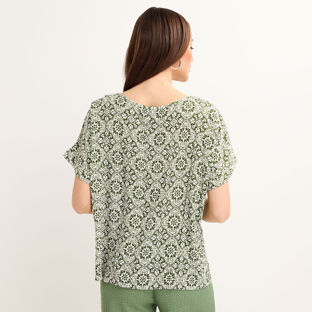 Ladies Green Crinkle Tile Print Top from You Know Who's