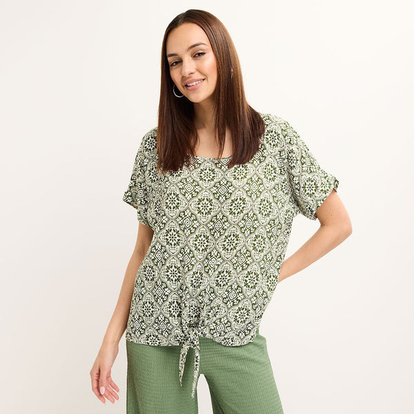 Ladies Green Crinkle Tile Print Top from You Know Who's
