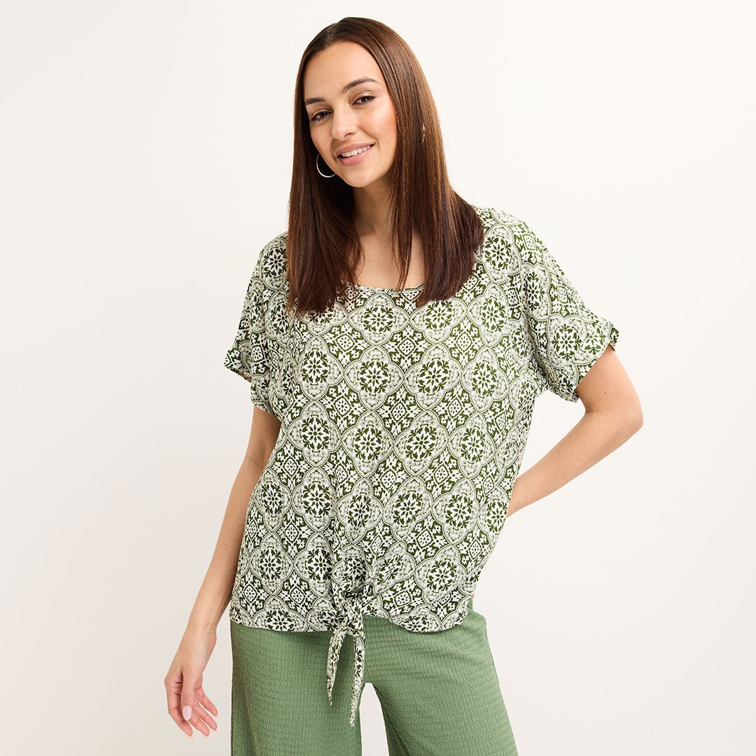 Ladies Green Crinkle Tile Print Top from You Know Who's